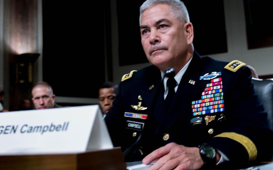 Gen. John Campbell answers a question during a Senate Armed Services Committee hearing on Capitol Hill in Washington, on Tuesday, Oct. 6, 2015. Campbell testified that the Afghan military doesn't have "the necessary combat power and numbers to protect every part of the country." 