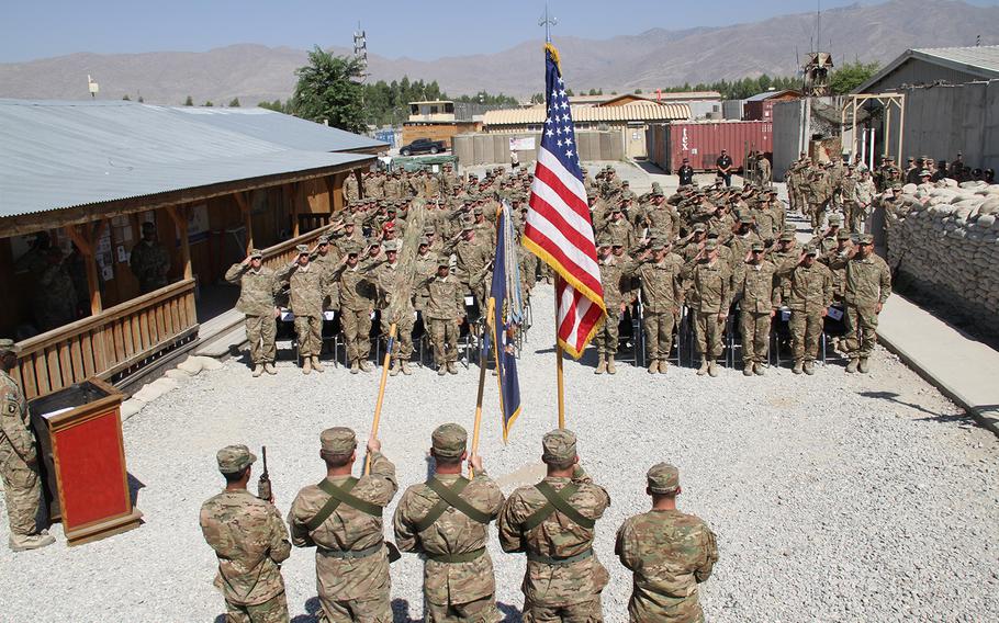 Task Force Leader, 1st Battalion, 187th Infantry Regiment transfers responsibility of Tactical Base Gamberi to Task Force Wild Boar, 2nd Battalion, 30th Infantry Regiment during a ceremony on Oct. 2, 2015. Task Force Wild Boar will continue as the military advisory team advising and assisting the Afghan National Army. 