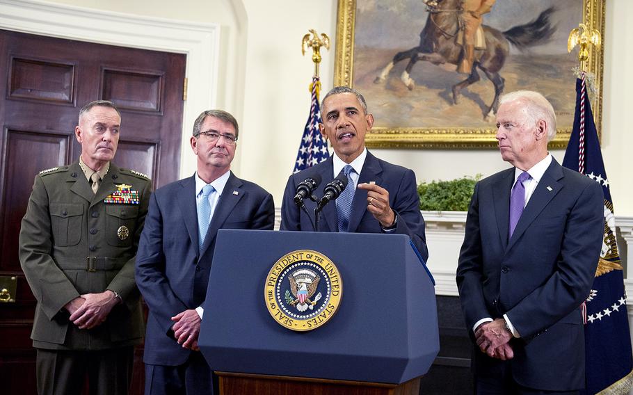 U.S. President Barack Obama announces he will keep 5,500 U.S. troops in Afghanistan when he leaves office in 2017 in the Roosevelt Room of the White House on Thursday, Oct. 15, 2015. Looking on, from left, are U.S. Marine Corps General Joseph F. Dunford, chairman of the Joint Chiefs of Staff; U.S. Secretary of Defense Ashton Carter; and U.S. Vice President Joe Biden. 