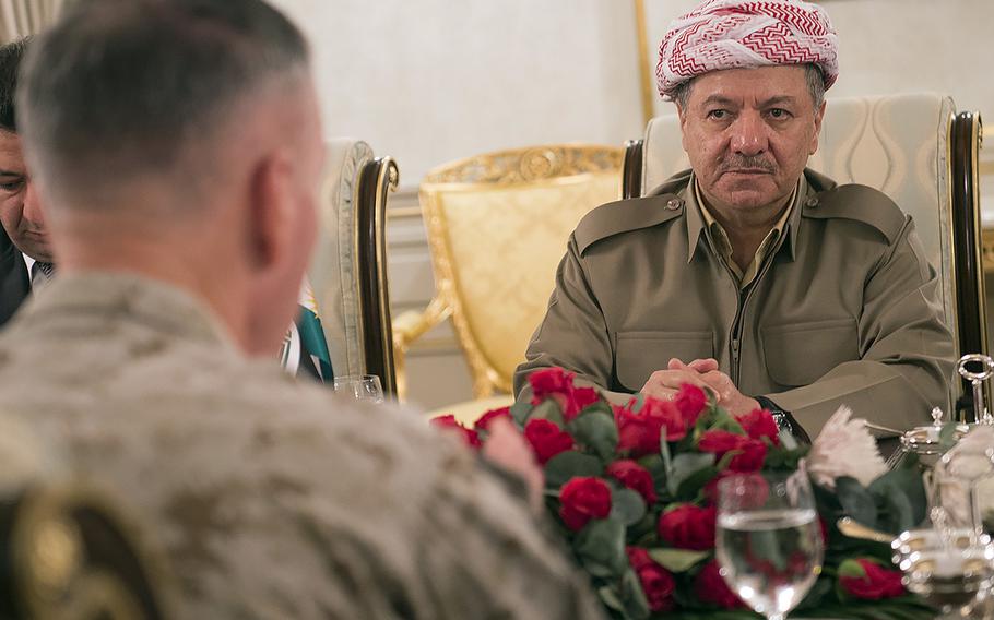 President of the Iraqi Kurdistan Region Masoud Barzani meets with U.S. Marine Gen. Joseph F. Dunford Jr., chairman of the Joint Chiefs of Staff, in Irbil, Iraq, on Monday Oct. 19, 2015. Days after the meeting, U.S. officials announced that a U.S. special operations soldier died in a joint U.S.-Kurdish forces raid to free hostages from an Islamic State outpost in northern Iraq.