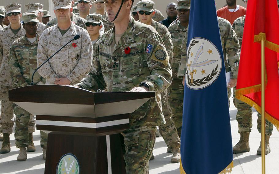 Australian Brig. Gen. Craig Furini, addresses a remembrance ceremony on Nov. 11, 2015, at U.S. Army Central Command and Combined Joint Task Force-Operation Inherent Resolve, in Camp Afrijan, Kuwait.
