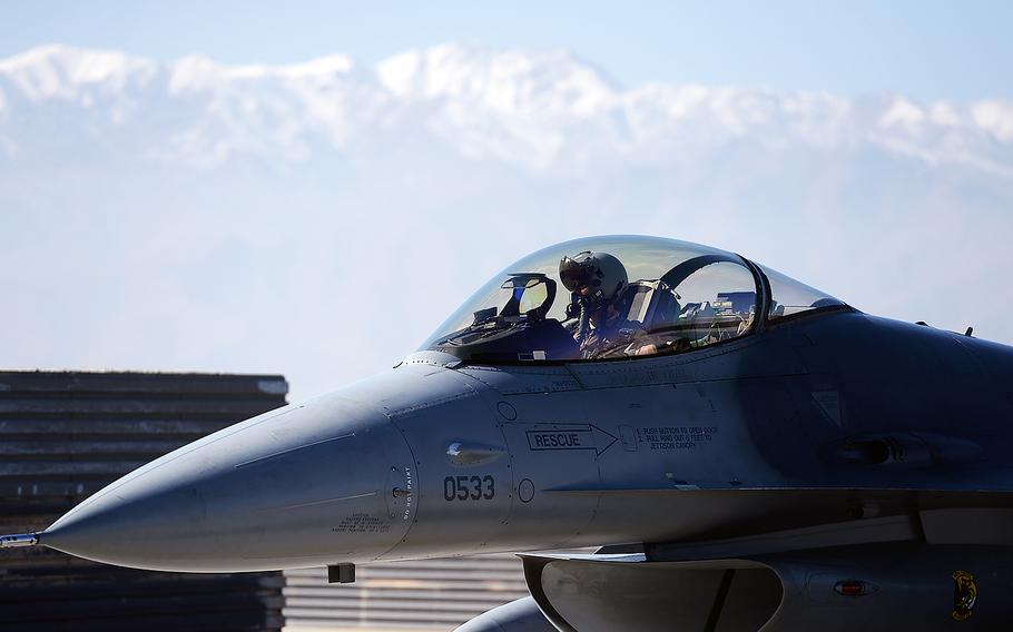 An Air Force F-16 fighter arrives back at Bagram Air Field in Afghanistan after a combat air patrol. American F-16s are in the air over the war-torn country 24 hours a day, seven days a week.