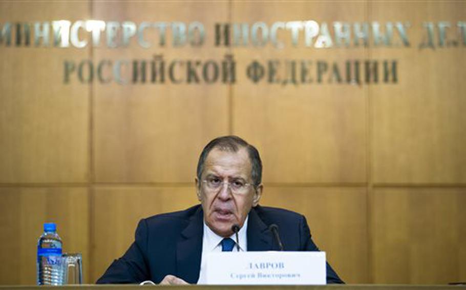 Russian Foreign Minister Sergey Lavrov speaks during his annual news conference in Moscow, Russia, Tuesday, Jan. 26, 2016.