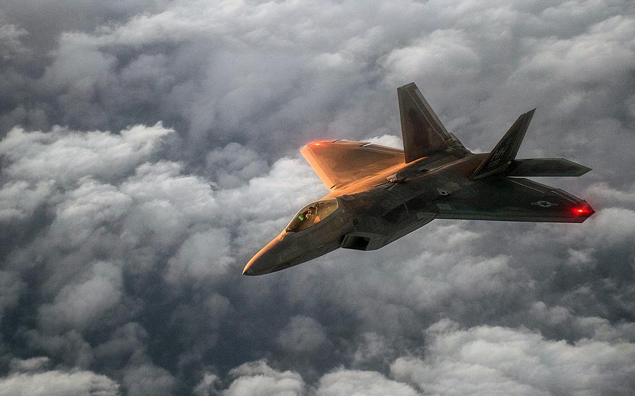 An F-22 Raptor flies a mission on Wednesday Jan. 27, 2016, in support of Operation Inherent Resolve. On Thursday, officials announced that a coalition servicemember died in Iraq from noncombat injuries.