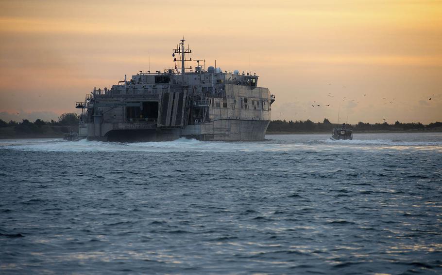The Military Sealift Command auxiliary expeditionary fast transport ship USNS Choctaw County transits the Intracoastal Waterway en route to training exercises off the coast of North Carolina during Bold Alligator 2014.  Choctaw County became the first ship of its platform to be forward deployed to the U.S. Navy’s 5th Fleet area of operation on Wednesday, Feb. 3, 2016.  