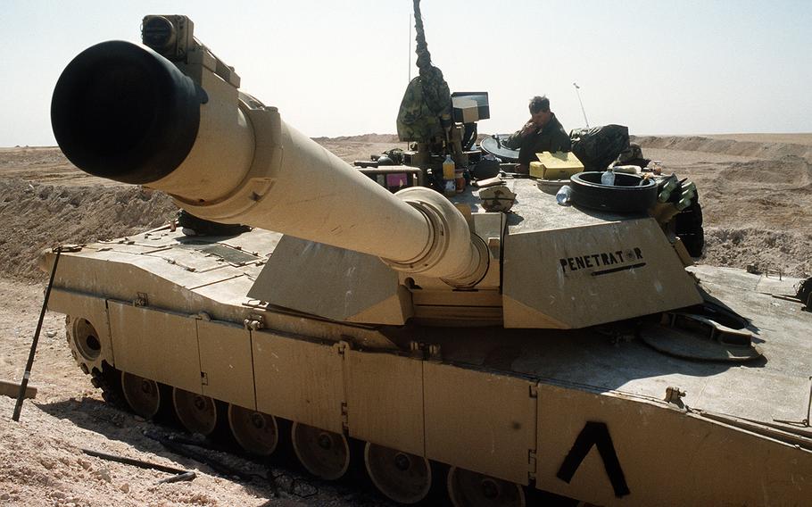 A view of the barrel of the 120mm gun on an M-1A1 Abrams main battle tank at the new location of the 2nd Armored Cavalry Regiment during Operation Desert Storm.