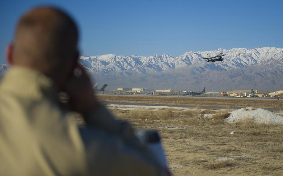 An F-16 Fighting Falcon takes off on a sortie at Bagram Air Field, Afghanistan, Feb. 24, 2016. 