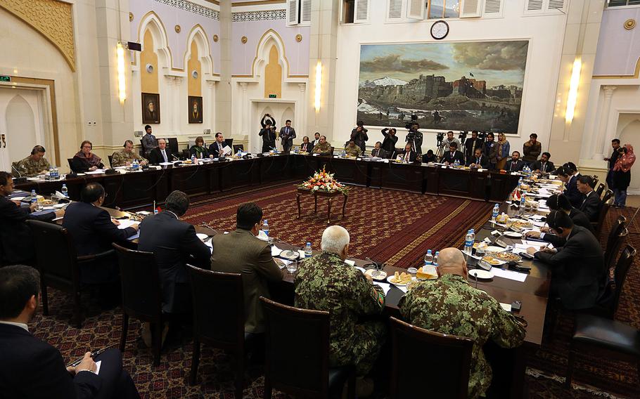 Delegations from Afghanistan, Pakistan, the United States and China discuss a road map for ending the war with the Taliban at the Presidential Palace in Kabul, Afghanistan, on Feb. 23, 2016. A Taliban spokesman said Saturday, March 5, 2016, that the group would not hold peace talks with the Afghan government.