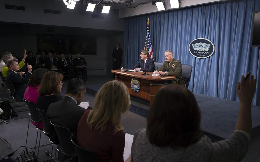 Secretary of Defense Ash Carter and Chairman of the Joint Chiefs of Staff Gen. Joseph Dunford speak to reporters about counter-Islamic State operations, March 25, 2016 at the Pentagon.