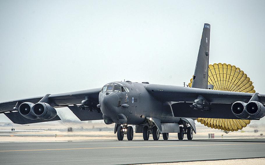 U.S. Air Force B-52 Stratofortress aircraft from Barksdale Air Force Base, La., arrives at Al Udeid Air Base, Qatar, April 9, 2016 in support of Operation Inherent Resolve.