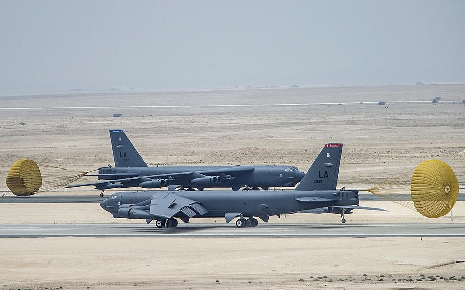 U.S. Air Force B-52 Stratofortress aircraft from Barksdale Air Force Base, Louisiana, arrived at Al Udeid Air Base, Qatar, April 9, 2016 in support of Operation Inherent Resolve, the operation to eliminate the Islamic State and the threat they pose to Iraq, Syria and the wider international community, and as needed in the region.