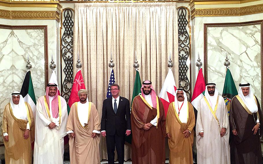 Secretary of Defense Ash Carter stands for a photo with his defense minister counterparts at the Gulf Cooperation Council in Riyadh, Saudi Arabia, on Wednesday, April 20, 2016.