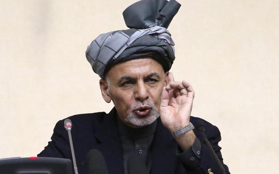 In this photo released by Afghanistan's Presidential Palace, President Ashraf Ghani speaks during a joint meeting of the National Assembly in Kabul, Afghanistan, Monday, April 25, 2016.Afghanistan's leaders will head to Brussels this week, seeking billions of dollars in aid as the country confronts an increasingly powerful Taliban insurgency and pervasive corruption.