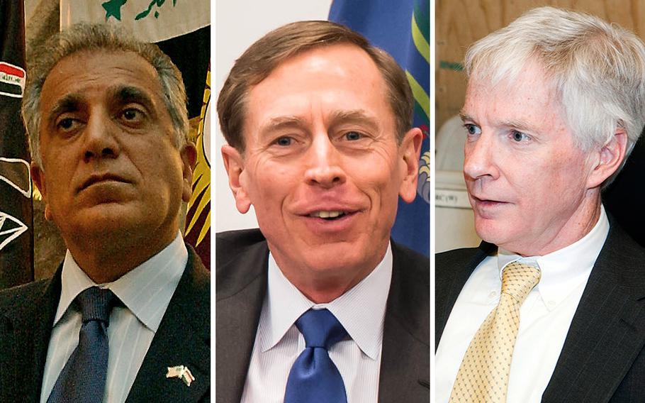 From left, former Ambassador Zalmay Khalilzad, retired Army Gen. David Petraeus, and former Ambassador Ryan Crocker. The three along with 10 other generals and diplomats signed a letter urging President Barack Obama to maintain current U.S. troop levels in Afghanistan.