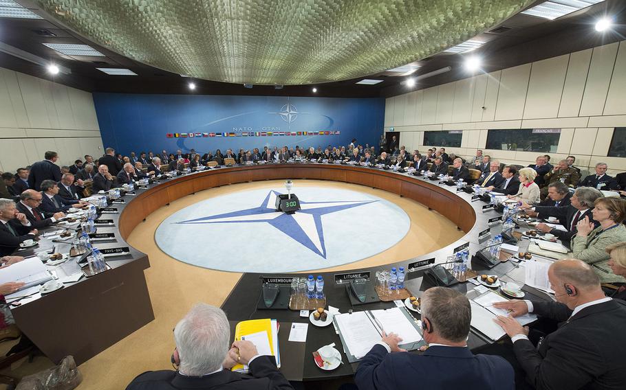 General view of the meeting room during the meetings of NATO Ministers of Defence in Brussels on June 15, 2016.
