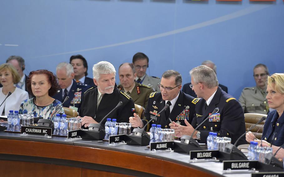 Left to right: General Petr Pavel (Chairman of the NATO Military Committee) with General Curtis Scaparrotti (Supreme Allied Commander Europe) and General Denis Mercier (Supreme Allied Commander Transformation) at a NATO meeting on June 15, 2016.