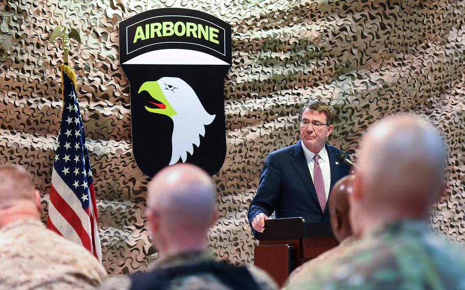 Defense Secretary Ash Carter speaks to U.S. servicemembers deployed to Iraq at Baghdad International Airport on Monday, July 11, 2016.