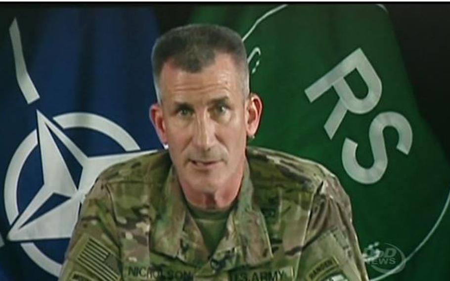 Army Gen. John W. Nicholson Jr., commander of Resolute Support and United States Forces-Afghanistan, updates reporters on operations in Afghanistan, July 28, 2016. 