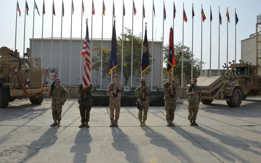 A joint-service and multinational color guard performed at the transfer of authority ceremony for the national support element of U.S. Forces-Afghanistan at Bagram Air Field on Tuesday, Sept. 13, 2016.