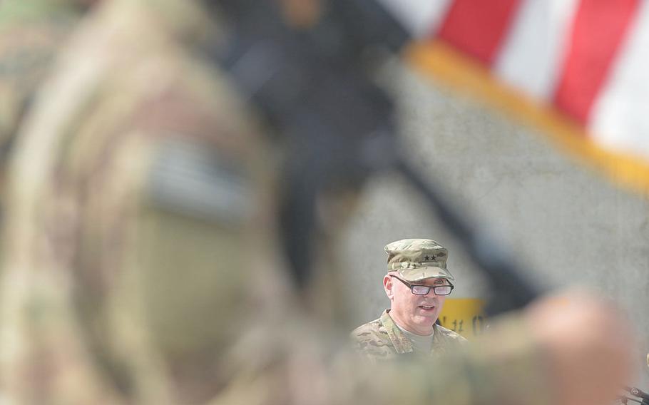 Army Maj. Gen. Jeffrey Bannister speaks during a transfer of authority ceremony at Bagram Air Field on Tuesday, Sept. 13, 2016. Bannister, commander of the 10th Mountain Division, handed over command of the U.S. Forces-Afghanistan national support element to 1st Cavalry Division commander Maj. Gen. John 'J.T.' Thomson.