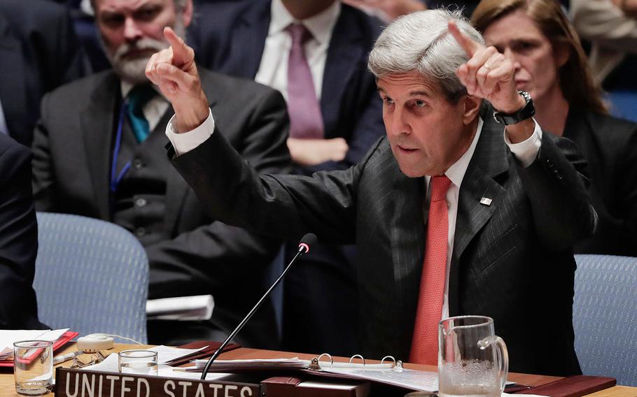 U.S. Secretary of State John Kerry speaks during a Security Council meeting, Wednesday, Sept. 21, 2016, at U.N. headquarters.