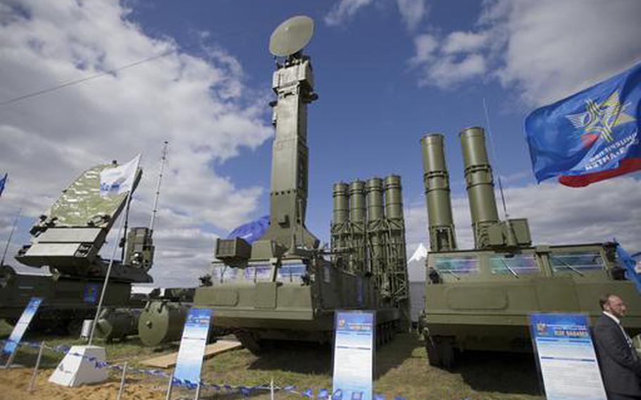 In this Tuesday, Aug. 27, 2013 file photo, Russian air defense system missile system Antey 2500, or S-300 VM, is on display at the opening of the MAKS Air Show in Zhukovsky outside Moscow, Russia. The Russian military said Tuesday it had deployed the S-300 air defense missile systems to Syria to protect a Russian navy facility in the Syrian port of Tartus and Russian navy ships in the area. 