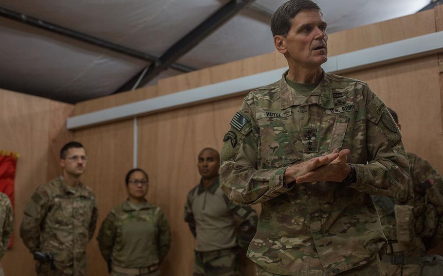 U.S. Army Gen. Joseph Votel, Commander of the United States Central Command, speaks at Qayyarah West Airfield, Iraq on Oct. 25, 2016.