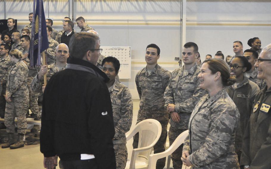 Secretary of Defense Ash Carter talks to members of the 31st Medical Group  during his visit to Aviano Air Base, Italy, on Tuesday, Dec. 13, 2016.

