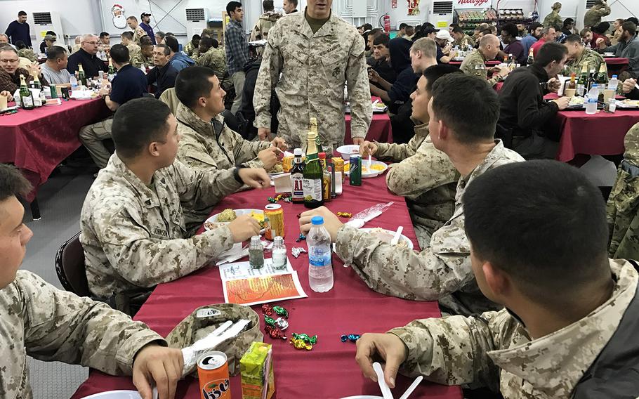 Brig. Gen. Rick A. Uribe, deputy commanding general for operations for Combined Joint Task Force-Operation Inherent Resolve, speaks to Marines enjoying a holiday meal in Irbil on Sunday, Dec. 25, 2016.Â 