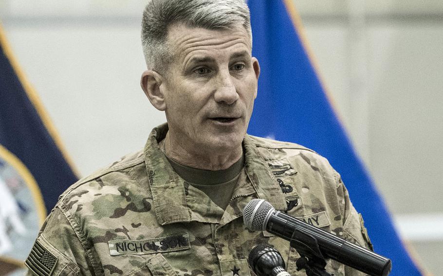 Army Gen. John Nicholson, commander of Resolute Support and U.S. Forces Afghanistan, answers questions after arriving at the Resolute Support Headquarters in Kabul, Afghanistan, on Dec. 9, 2016. Nicholson, was in Washington, D.C. on Thursday, Feb. 9, 2017, testifing before the Senate Armed Services Committee where he said more troops are needed for the fight in Afghanistan.