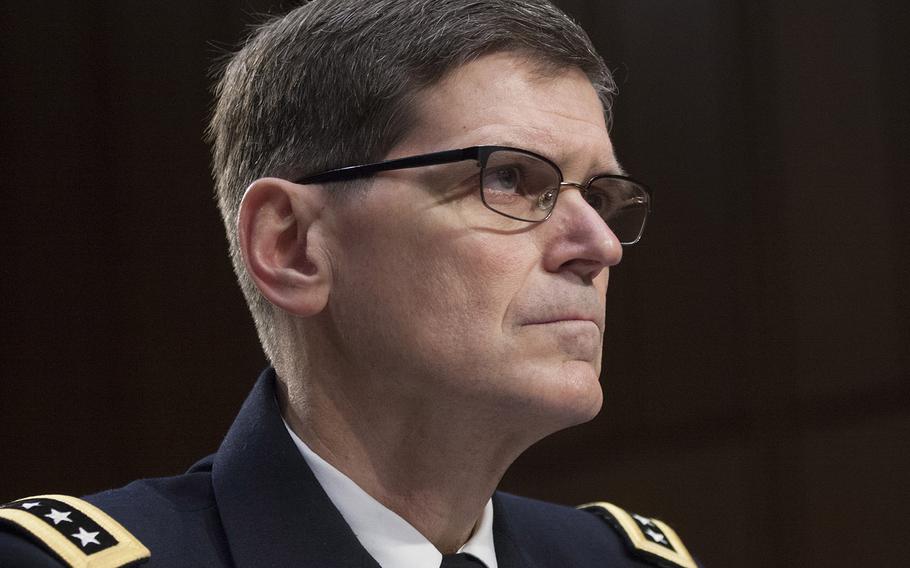 In a March, 2017 file photo, Gen. Joseph L. Votel, commander of U.S. Central Command, listens to opening statements during a hearing on Capitol Hill.
