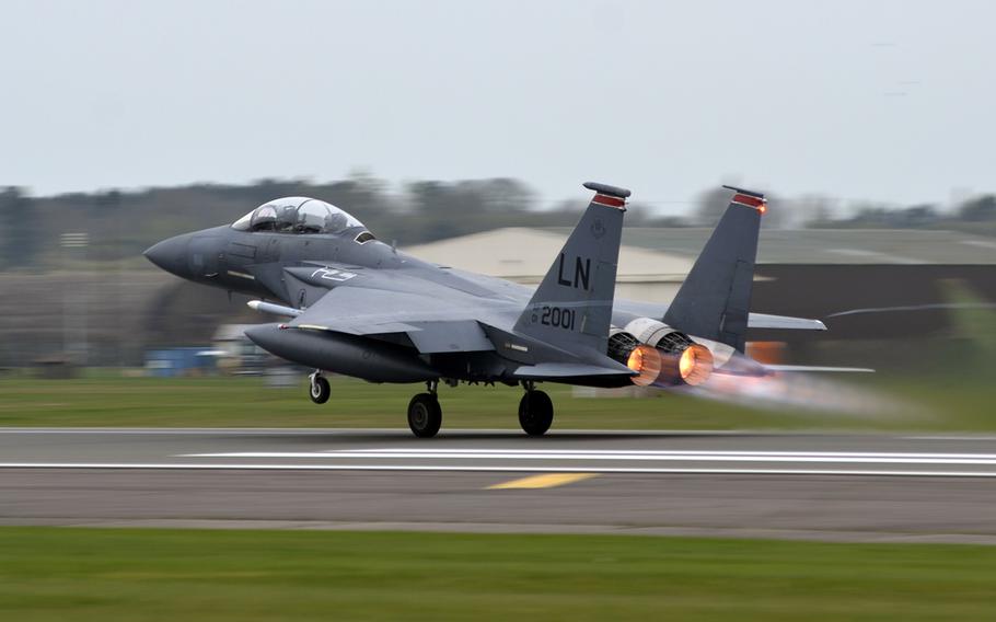 An F-15E Strike Eagle from the 494th Fighter Squadron during take-off at RAF Lakenheath, England, Wednesday, March 29, 2017.
