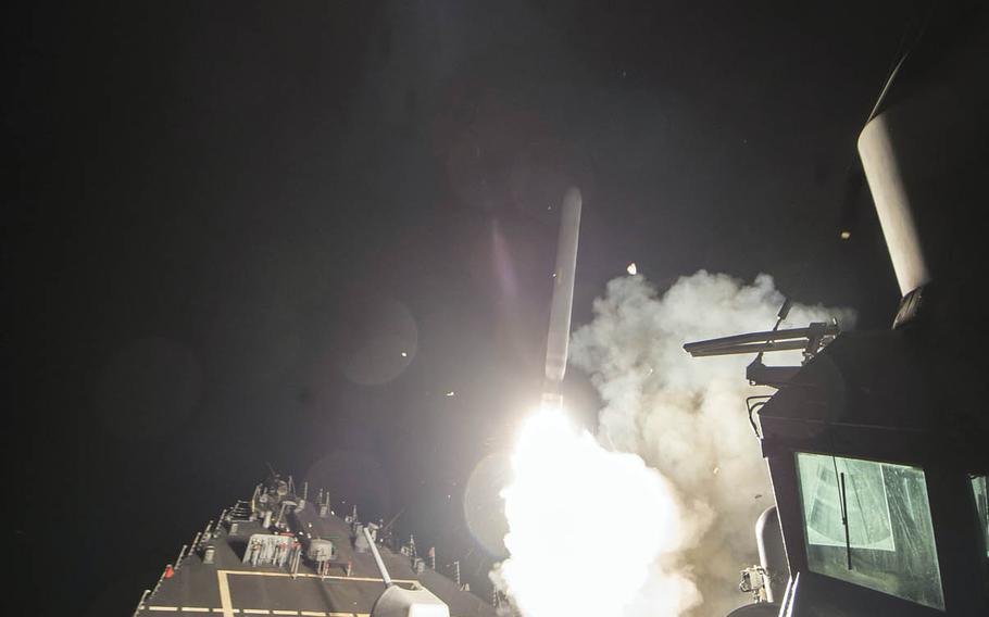 The USS Ross fires a Tomahawk land attack missile, April 7, 2017. 