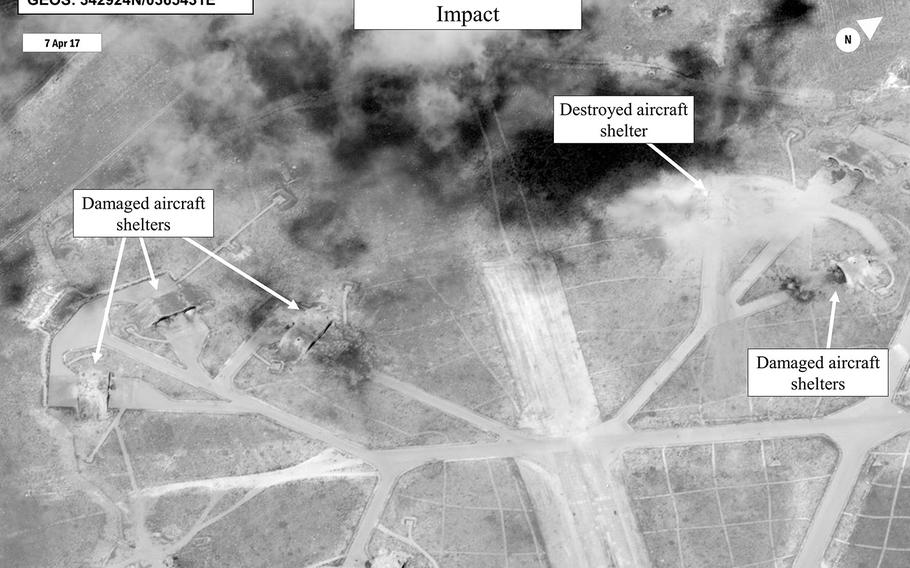 This image, released on Friday, shows the impact of the Thursday, April 6, 2017, missile strike on the Shayrat Airfield in Syria. 