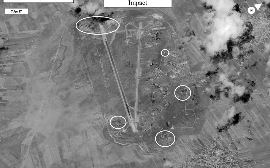 This image, released on Friday, shows the impact of the Thursday, April 6, 2017, missile strike on the Shayrat Airfield in Syria. 