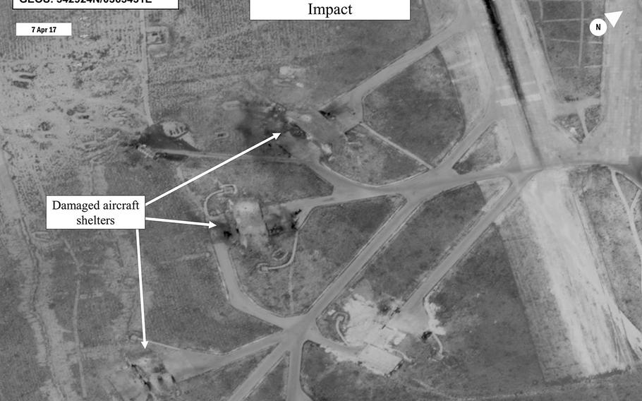 This image, released on Friday, shows the impact of the Thursday, April 6, 2017, missile strike on the Shayrat Airfield in Syria. 