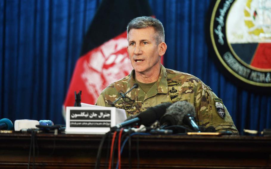 Gen. John Nicholson, commander of U.S. and NATO forces in Afghanistan, speaks at a news conference in Kabul, Friday, April 14, 2017. He said that the GBU-43 bomb was the "right weapon" to use against Islamic State militants.

