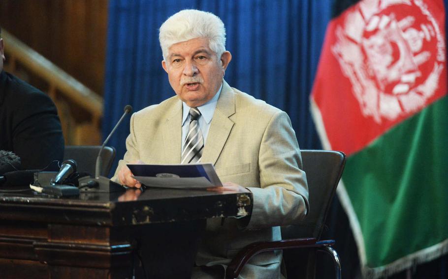 Gen. Dawlat Waziri, spokesman for the Afghan Defense Ministry, tells journalists at a news conference in Kabul on Friday. April 14, 2017, that Islamic State militants who were targeted Thursday by a GBU-43 bomb were hiding in tunnels 30-40 meters deep.
