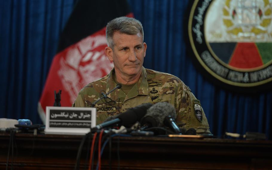 Gen. John Nicholson, commander of U.S. and NATO forces in Afghanistan, speaks at a news conference in Kabul on Friday, April 14, 2017. Nicholson said the GBU-43B bomb was the "right weapon" to use against Islamic State militants.