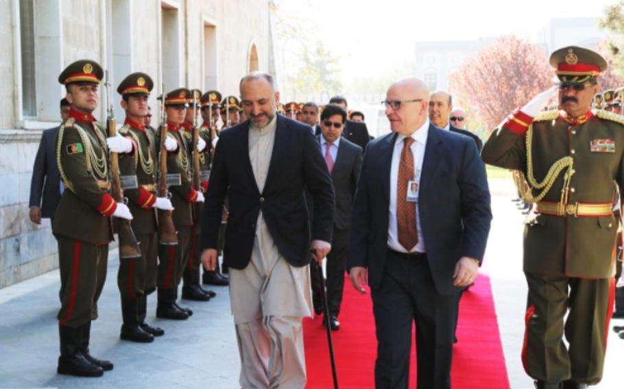 Haneef Atmar, national security adviser to the president of Afghanistan, welcomes  Lt. Gen. H.R. McMaster, the U.S. National Security Adviser, to talks in Kabul about the country’s security situation, Sunday, April 16, 2017.