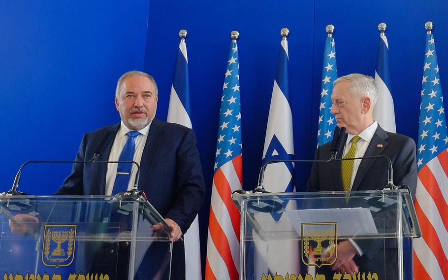 Israeli Defense Minister Avigdor Lieberman, left, speaks alongside U.S. Defense Secretary Jim Mattis at the Ministry of Defense in Tel Aviv on Friday, April 21, 2017.