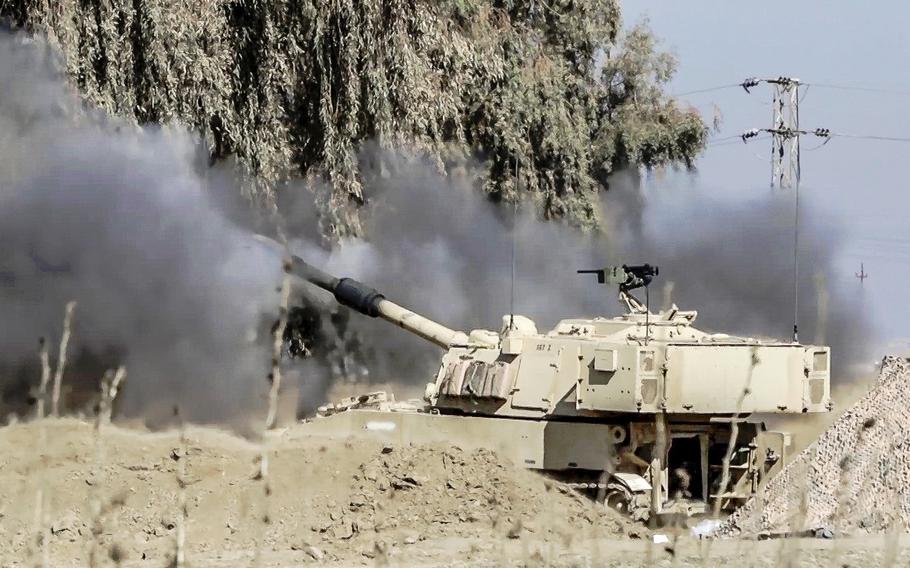 Rounds from an M109A6 Paladin are fired from a tactical assembly area to support an Iraqi security forces' offensive in West Mosul, Iraq, on Feb. 19, 2017. Iraqi forces on Thursday, May 4, began a new push into western Mosul, attempting to bring fresh momentum to the fight to retake Iraq’s second-largest city from the Islamic State group.