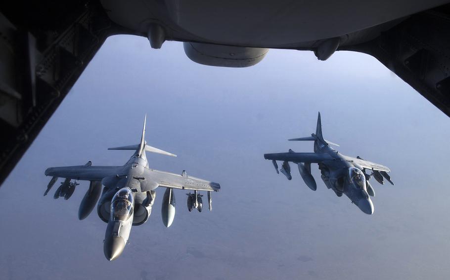 U.S. Marine Corps AV-8B Harriers fly behind a U.S. Air Force KC-10 Extender from the 908th Expeditionary Air Refueling Squadron in support of a Combined Joint Task Force - Operation Inherent Resolve mission Feb. 10, 2017.