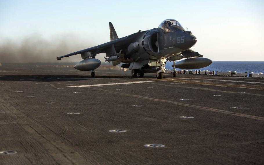 An AV-8B Harrier II with the 22nd Marine Expeditionary Unit launches from the USS Wasp in the Mediterranean Sea during Operation Odyssey Lightning, Aug. 1, 2016.