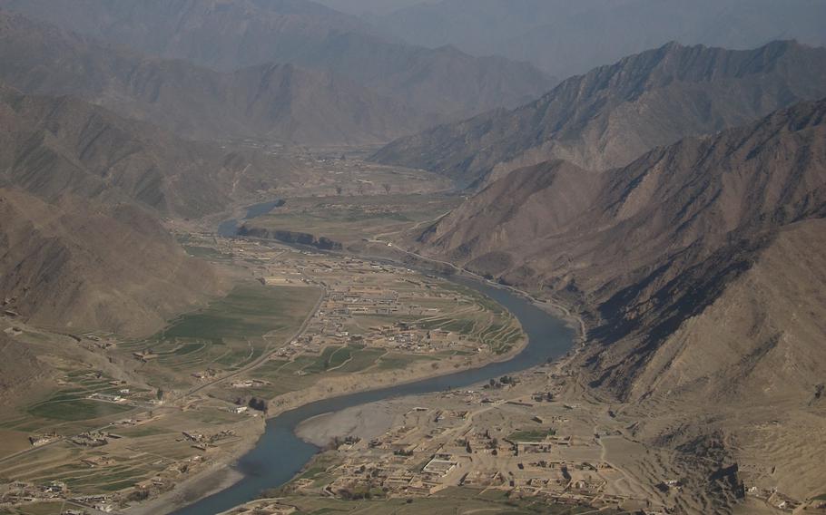 An aerial view of the Kunar River Valley is seen from a UH-60 Black Hawk helicopter over Kunar province, Afghanistan, on Jan. 2, 2014. The Pentagon announced on Friday, July 14, 2017, that the leader of the Islamic State’s affiliate in Afghanistan was killed in an airstrike in Kunar province.