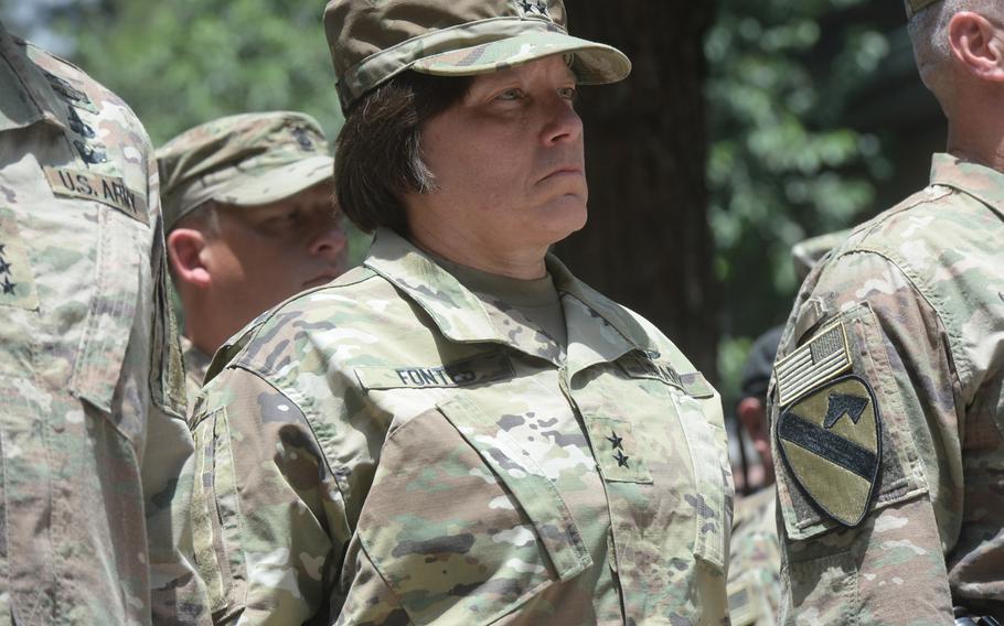 Army Maj. Gen. Robin L. Fontes participates in a change-of-command ceremony at NATO’s Resolute Support Headquarters in Kabul, Afghanistan, on Saturday, July 15, 2017.