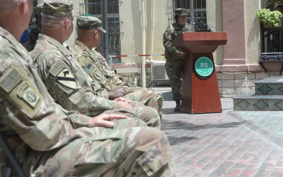 Army Maj. Gen. Robin L. Fontes promises her full support after becoming the first female commander of Combined Security Transition Command-Afghanistan at a ceremony in Kabul on Saturday, July 15, 2017.
