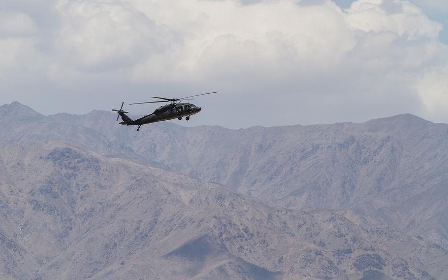 A U.S. Army UH-60 Black Hawk helicopter departs for a mission at Bagram Airfield, Afghanistan, July 6, 2017. 