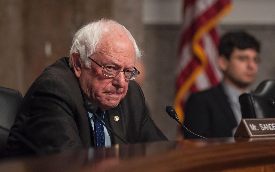 Sen. Bernie Sanders, I-Vt., addresses members of the American Legion during a legislative agenda meeting on Capitol Hill in Washington, D.C., on Wednesday, Feb. 28, 2018.