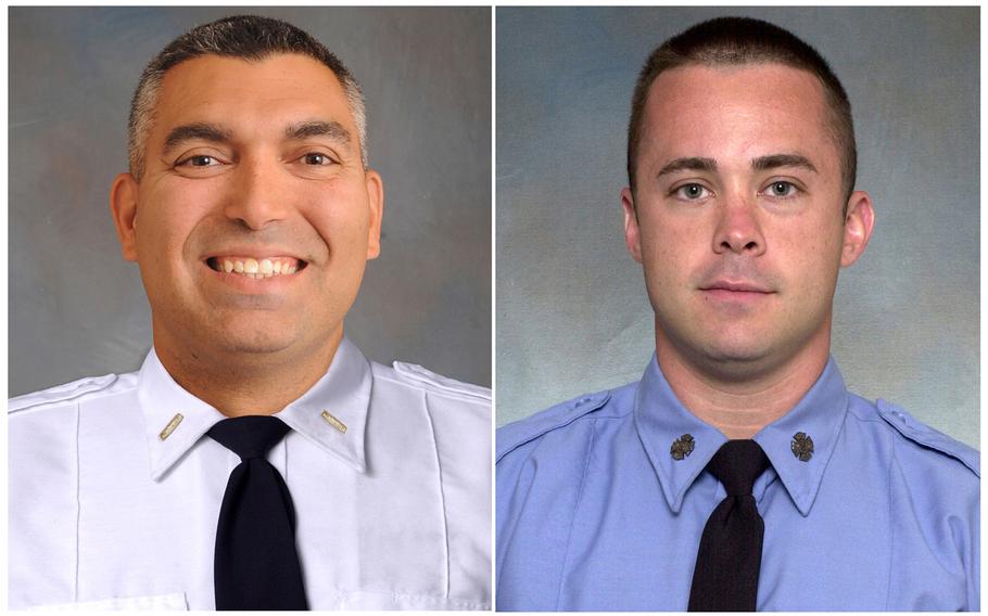This combination of two undated photos provided by the New York City Fire Department shows FDNY Lt. Christopher J. Raguso, left, and FDNY Fire Marshal Christopher "Tripp" Zanetis. The men are among the seven servicemembers killed when their military helicopter crashed in Iraq.
